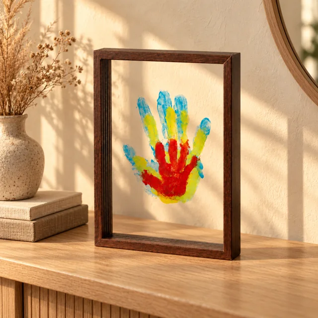 Finished Keepsake handprint frame standing on a hallway console