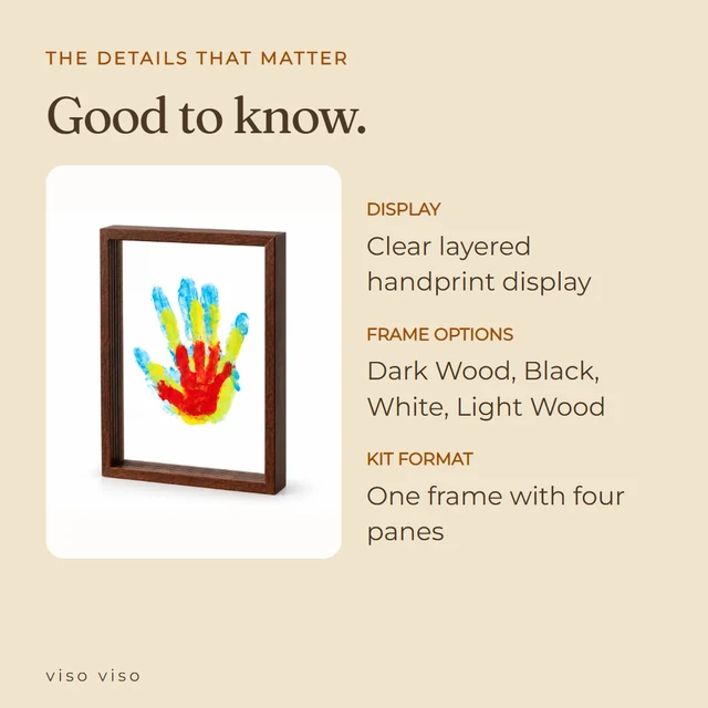 Display: Clear layered handprint display; Frame options: Dark Wood, Black, White, Light Wood; Kit format: One frame with four panes