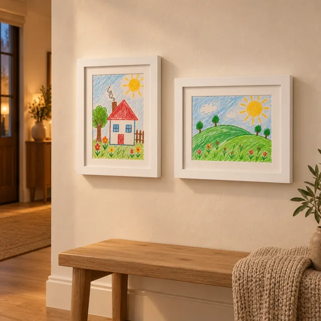 Two Little Gallery frames on a hallway wall, one portrait, one landscape