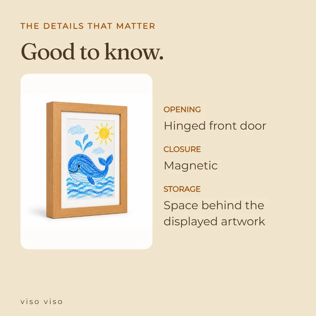 Opening: Hinged front door; Closure: Magnetic; Storage: Space behind the displayed artwork