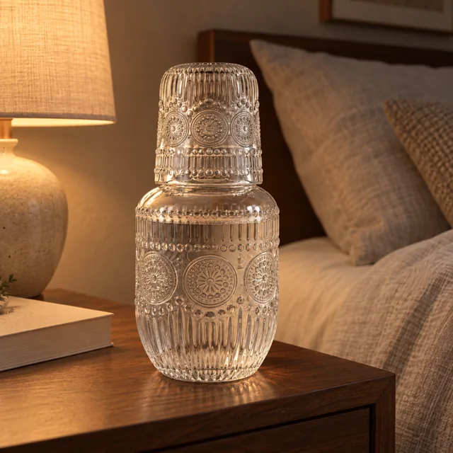Nightfall carafe filled with water on a nightstand, cup resting on top