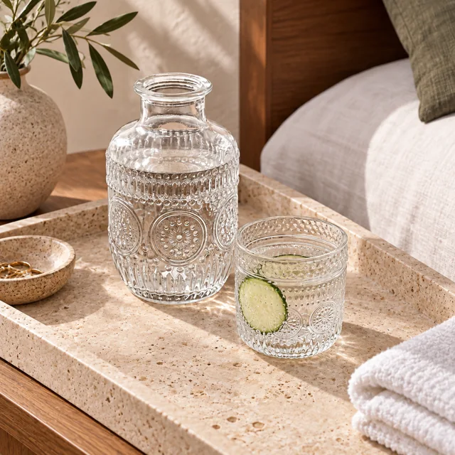 The Nightfall carafe and its matching cup side by side on a guest-room tray