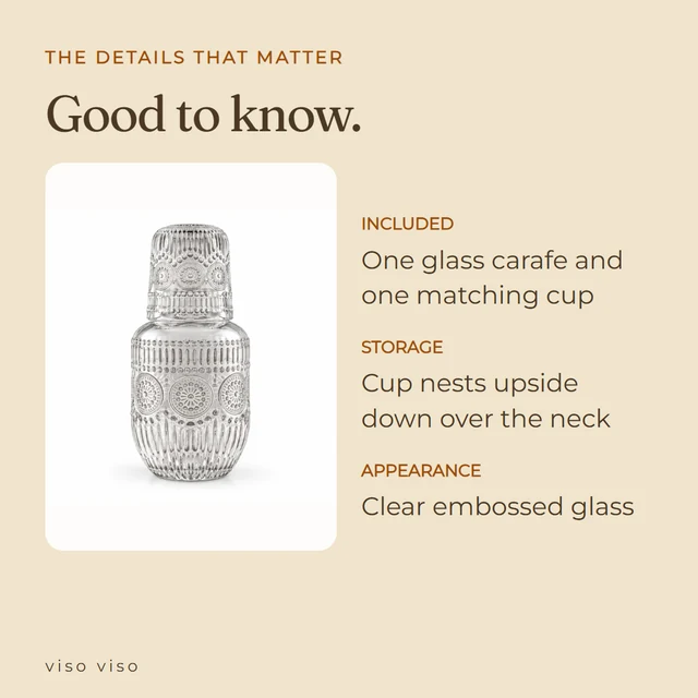 Included: One glass carafe and one matching cup; Storage: Cup nests upside down over the neck; Appearance: Clear embossed glass
