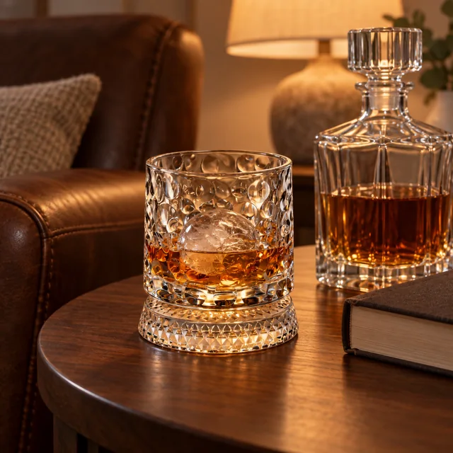 Orbit glass with whiskey on a side table in the evening, resting on its rotating base