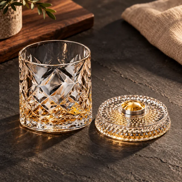 The Orbit glass beside its base, showing the gold pivot it spins on