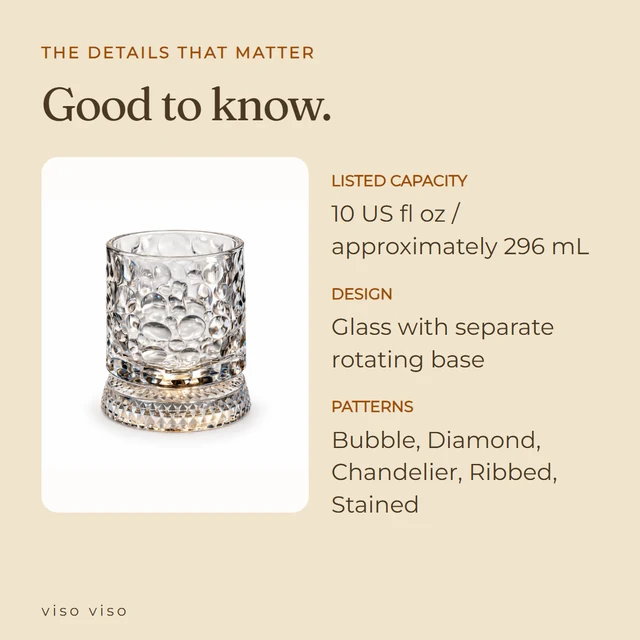 Listed capacity: 10 US fl oz / approximately 296 mL; Design: Glass with separate rotating base; Patterns: Bubble, Diamond, Chandelier, Ribbed, Stained