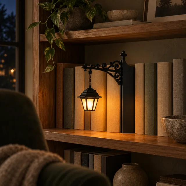 Story lantern glowing among books in a reading nook at night