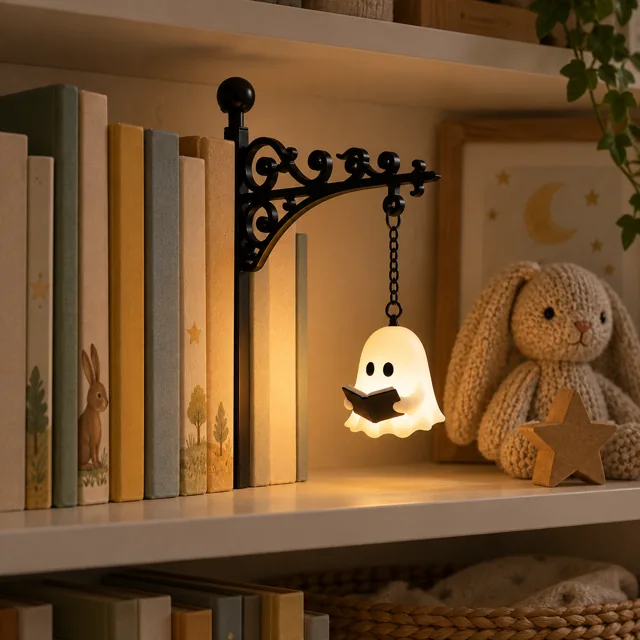 Story ghost light glowing on a child's bookshelf at bedtime