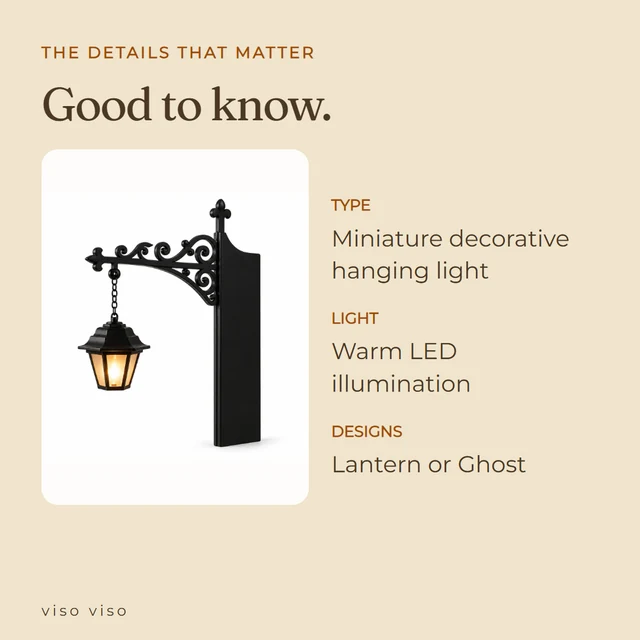 Type: Miniature decorative hanging light; Light: Warm LED illumination; Designs: Lantern or Ghost
