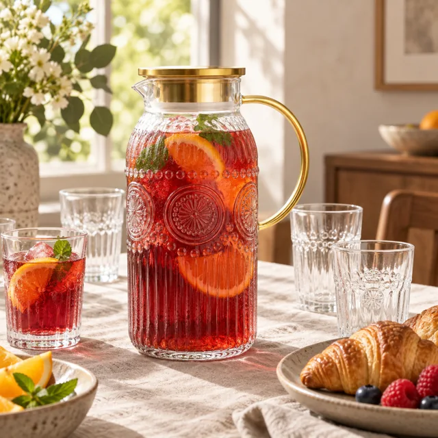 Gold Sunday pitcher of iced tea on a brunch table