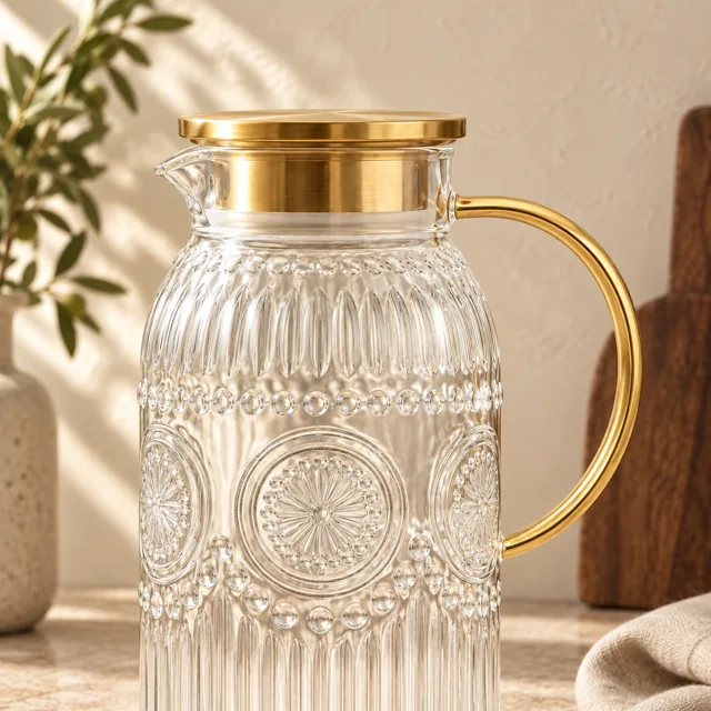 Close-up of the embossed glass and gold lid of the Sunday pitcher