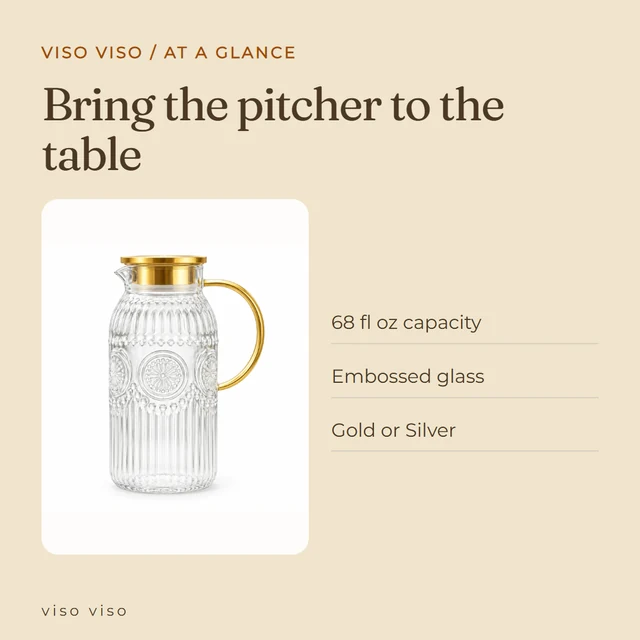 68 fl oz capacity; Embossed glass; Gold or Silver