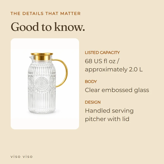 Listed capacity: 68 US fl oz / approximately 2.0 L; Body: Clear embossed glass; Design: Handled serving pitcher with lid