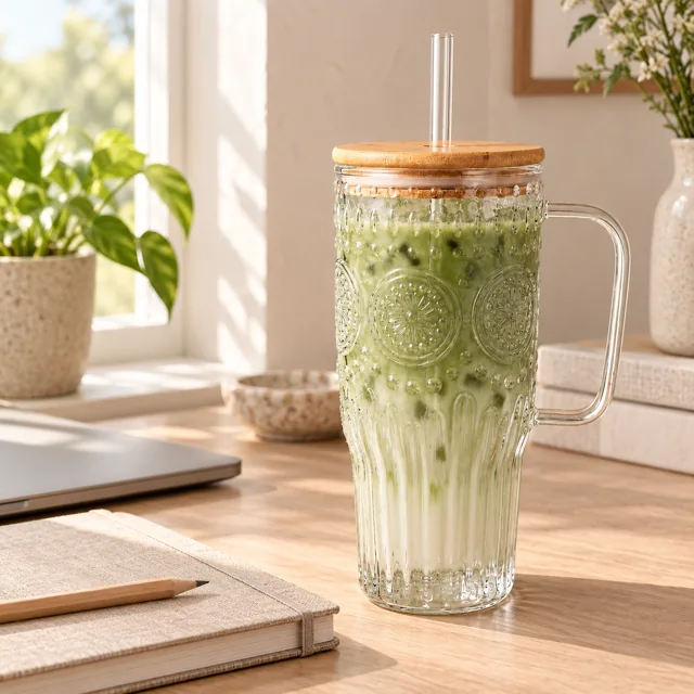 Sunday tumbler filled with an iced drink on a sunny home desk