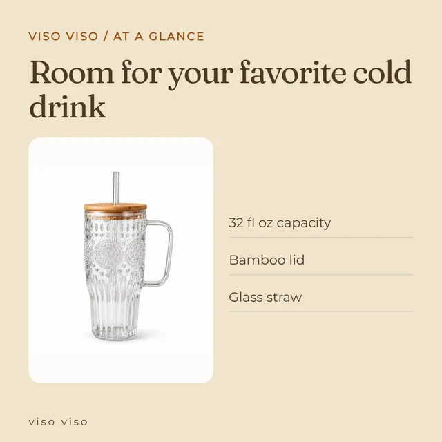 32 fl oz capacity; Bamboo lid; Glass straw