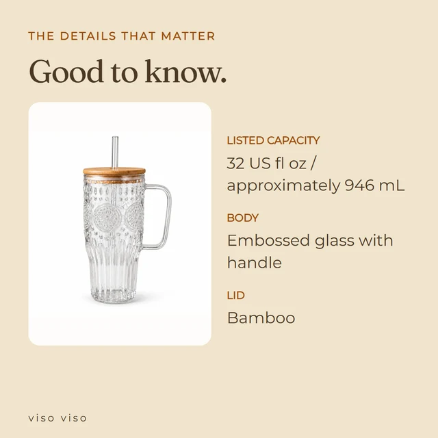 Listed capacity: 32 US fl oz / approximately 946 mL; Body: Embossed glass with handle; Lid: Bamboo