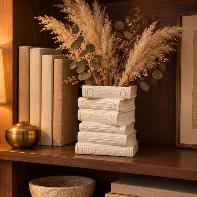 Volume vase with dried pampas on a walnut bookshelf