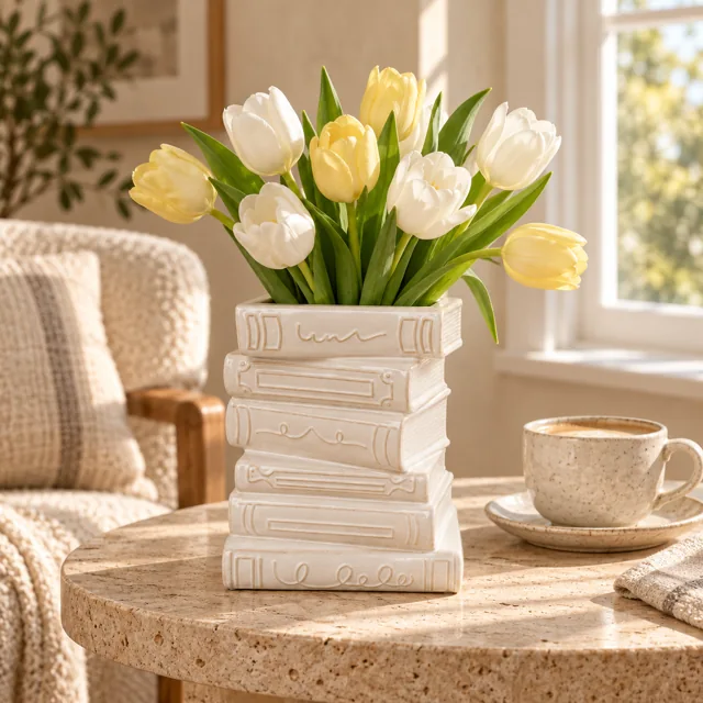Volume vase with fresh tulips on a side table