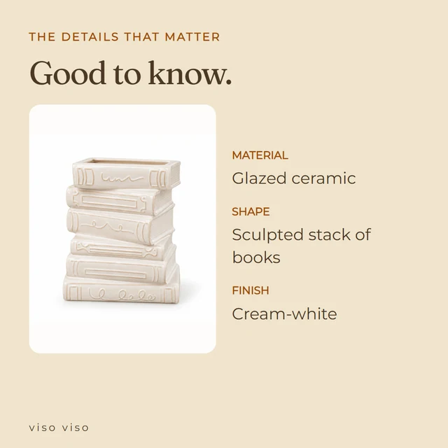 Material: Glazed ceramic; Shape: Sculpted stack of books; Finish: Cream-white