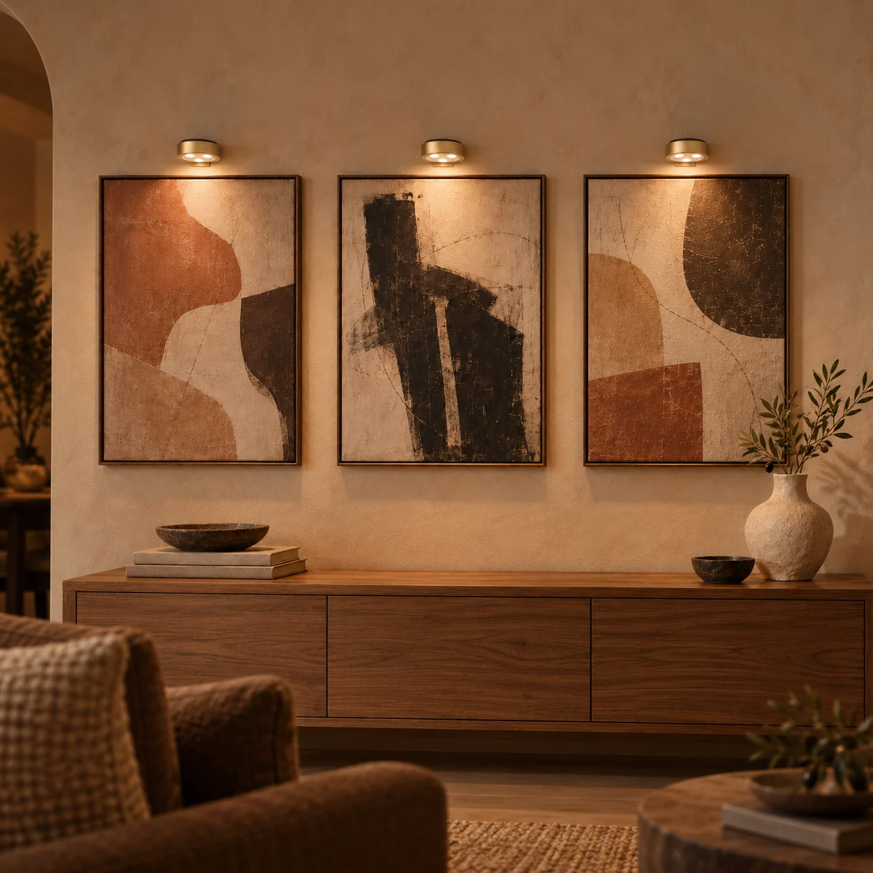Gold picture lights illuminating abstract artwork in an ivory room