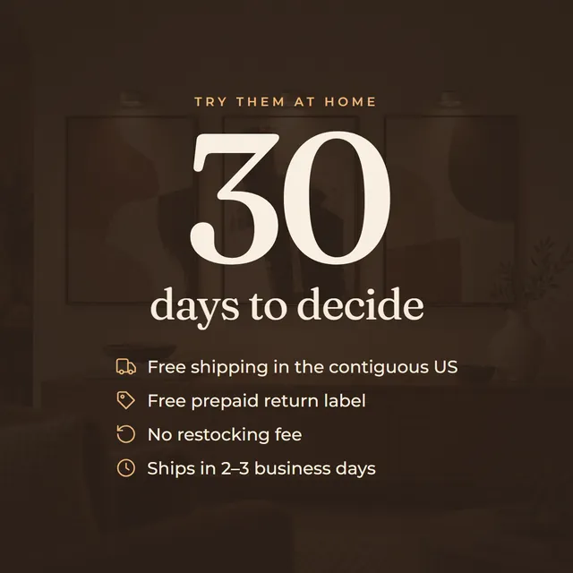 30 days to decide: free shipping in the contiguous US, free prepaid return label, no restocking fee, ships in 2 to 3 business days