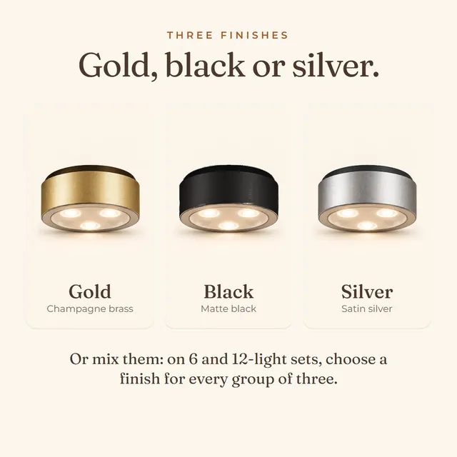 Three finishes: gold, matte black and satin silver; 6 and 12-light sets can mix finishes in groups of three