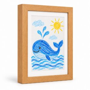 Little Gallery kids art frame in Wood, showing a child's drawing