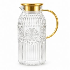 Sunday Vintage Glass Pitcher, 68 oz, Gold lid and handle