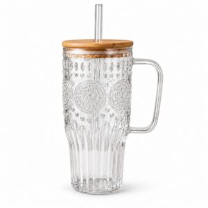 Sunday Vintage Glass Tumbler, 32 oz, with bamboo lid and glass straw